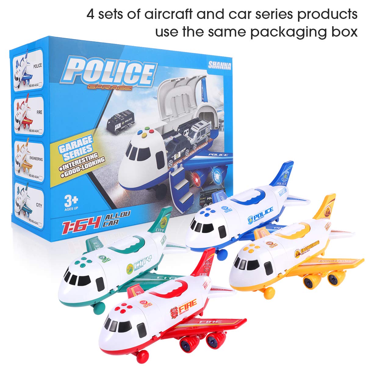 SHANNA Flugzeug Spielset Mit Trägheitsrad und Fahrzeugen - Lernspielzeug Set Mit 1 Großem Flugzeug, 4 Legiertes Auto für Kleinkinder Über 3 Jahre (Polizeiauto-Blau)