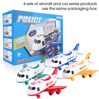 SHANNA Flugzeug Spielset Mit Trägheitsrad und Fahrzeugen - Lernspielzeug Set Mit 1 Großem Flugzeug, 4 Legiertes Auto für Kleinkinder Über 3 Jahre (Polizeiauto-Blau)