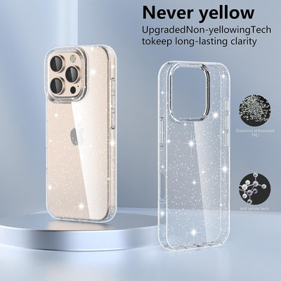 YIRSUR Glitzer Hülle Kompatibel mit iPhone 16 Pro Max, Handyhülle mit 2 Schutzfolie + 2 Kameraschutz, Anti-Vergilbung Stoßfest Kratzfest Ultradünn für iPhone 16 Pro Max Transparent Bling Glitzer