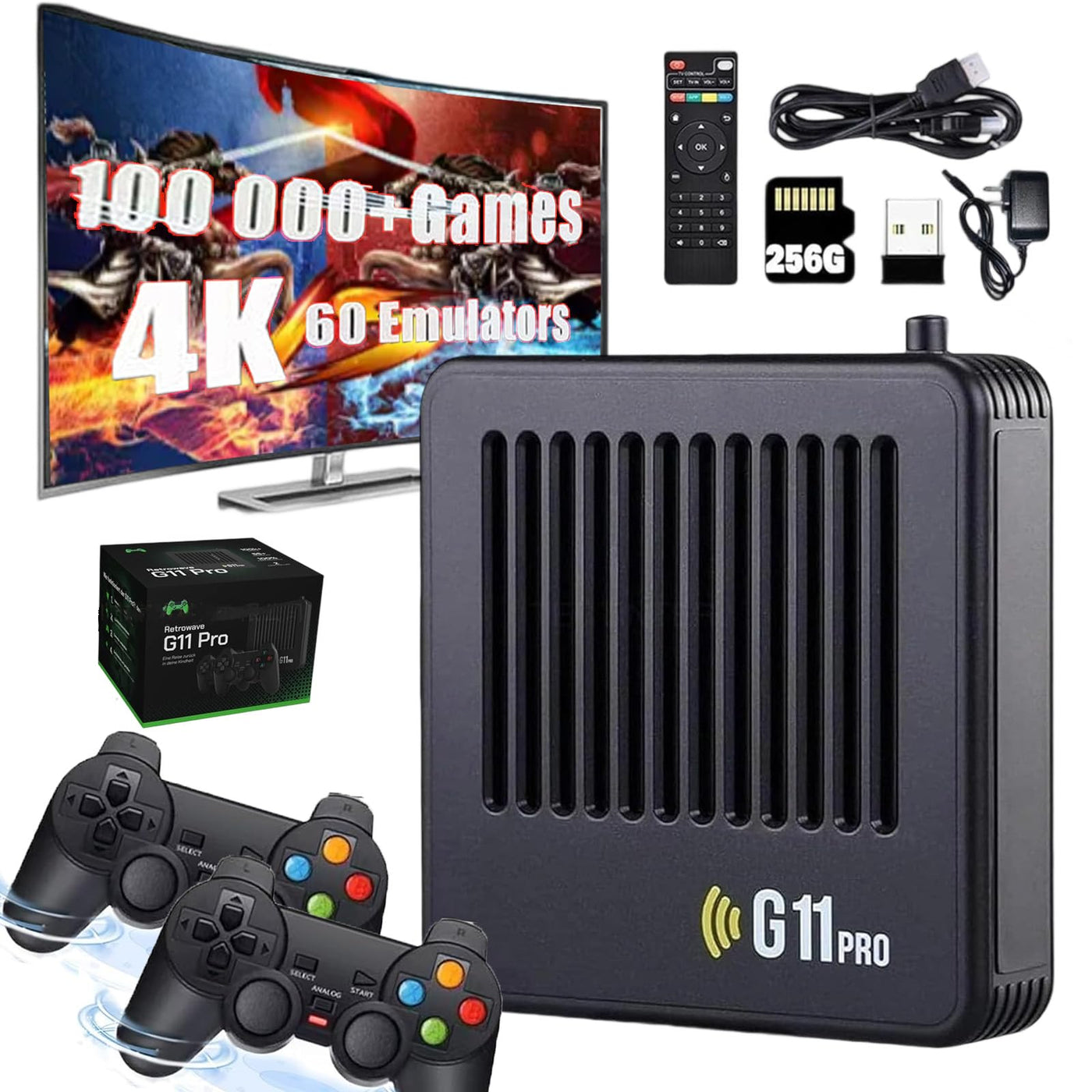 Retrowave G11 Pro, 2025 New Retro Wave G11 Pro 100000 Spiele, 4k HD Retro Game Console, Portable Plug & Play Video Games with 2/4 Wireless Dual Controllers (256G,2 Controllers)