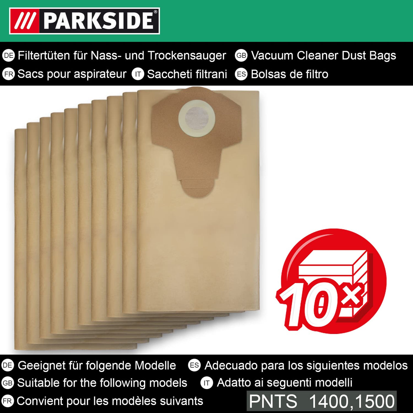 10 Original Parkside Lidl Staubsaugerbeutel für Nass-Trocken-Sauger PWD 25, 30, PNTS 23, 30, 1400, 1500 A1, A2, B1, C1, D1, B2, B3, E2, C4, D5, F2, H4