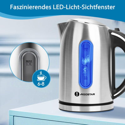 Aigostar King - Wasserkocher Edelstahl 1,7 liter, Elektrischer Wasserkocher mit Kalkfilter, LED Beleuchtung Wasserstandsanzeige, 2200 Watt, Verdecktes Heizelement, Abschaltautomatik, BPA frei