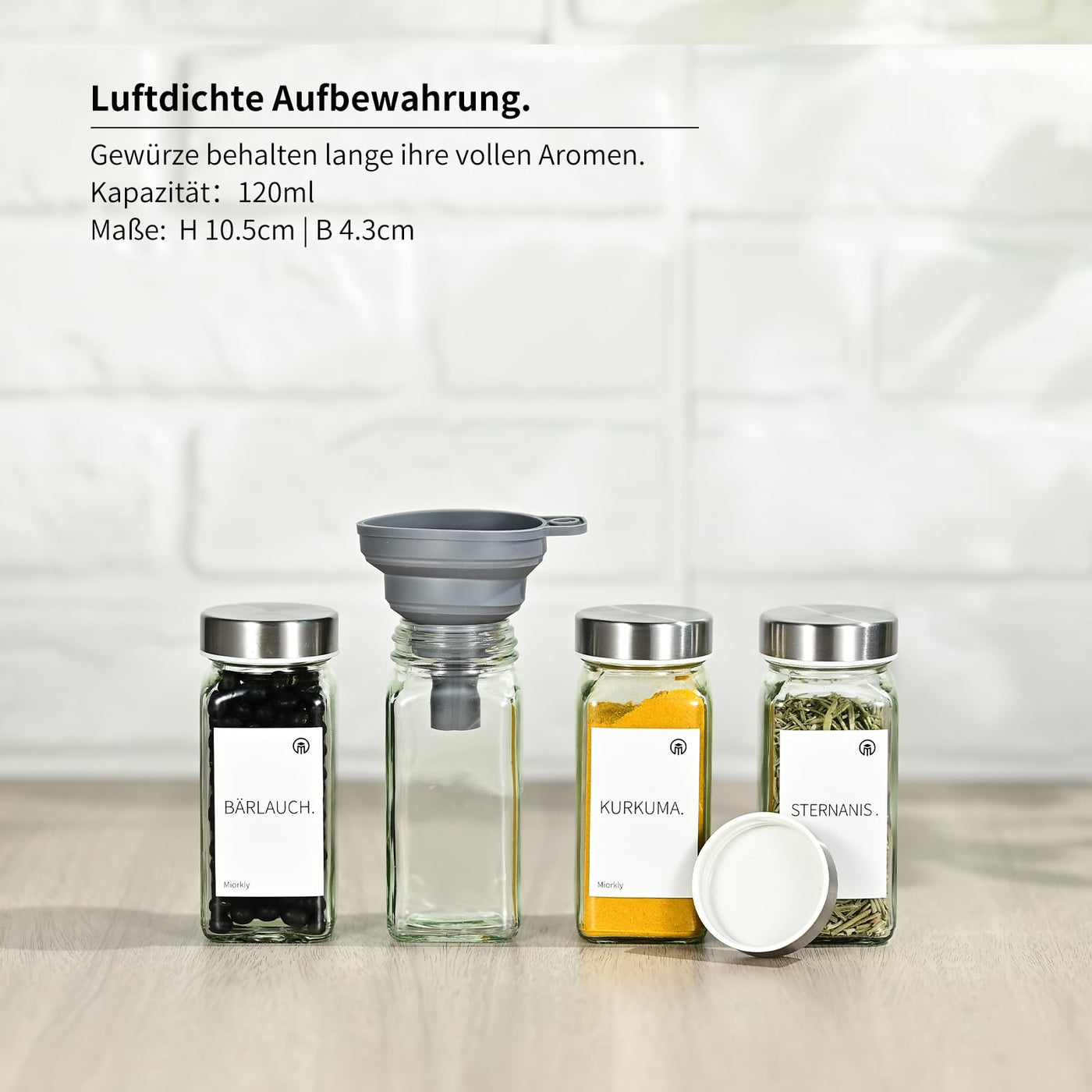 Miorkly Gewürzgläser Eckig mit Streueinsatz, Edelstahl Deckel Gewürzdosen Set 120ml, 12 Gewürzgläser Set, Gewürzstreuer Glas mit Streuer-Aufsätze, Trichter, Etiketten & Kreidestift, Gewürze Set