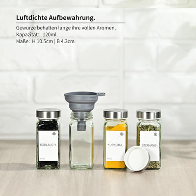 Miorkly Gewürzgläser Eckig mit Streueinsatz, Edelstahl Deckel Gewürzdosen Set 120ml, 12 Gewürzgläser Set, Gewürzstreuer Glas mit Streuer-Aufsätze, Trichter, Etiketten & Kreidestift, Gewürze Set