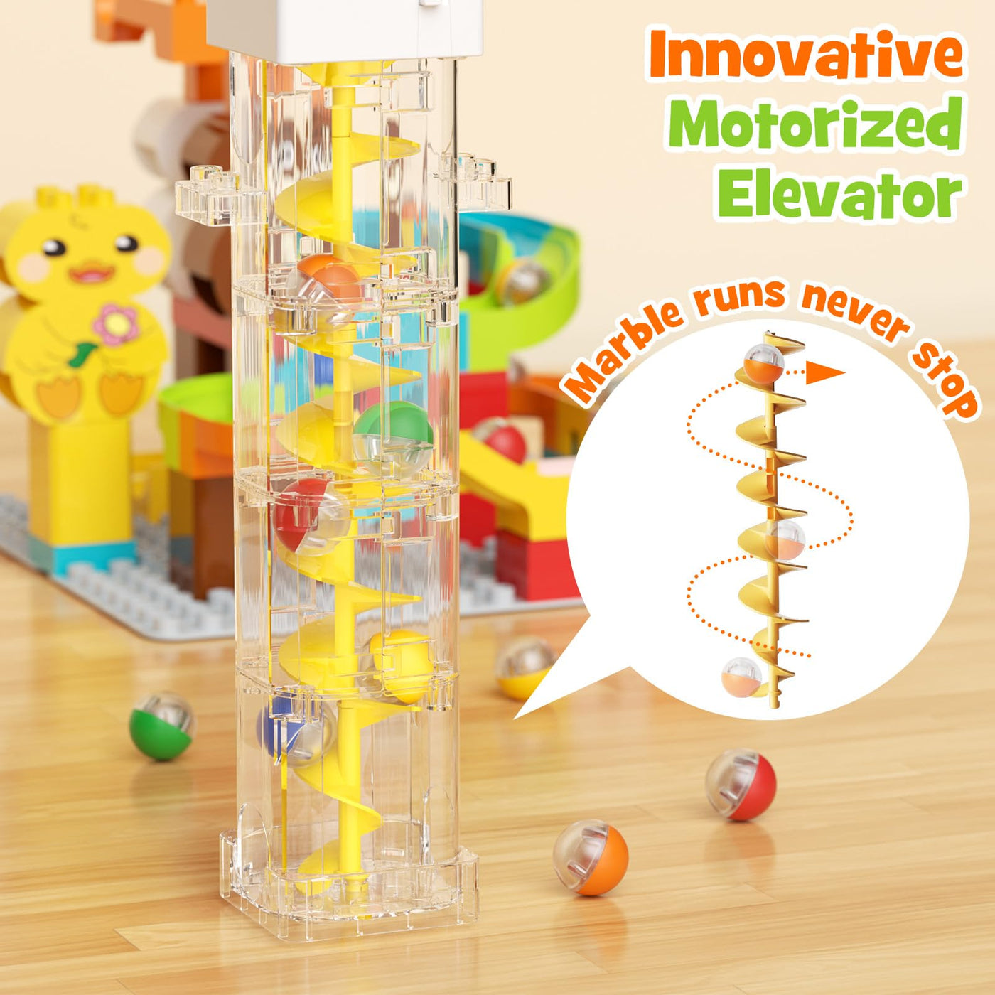 burgkidz Murmelbahn Bauklötze, Motorisierter Aufzug Kugelbahnen mit Niedlichem Tier Konstruktionsspielzeug, 4-in-1 Konfiguration Murmellabyrinth Set, Geschenk für Kinder von 3-7 Jahren, 92 teiliges
