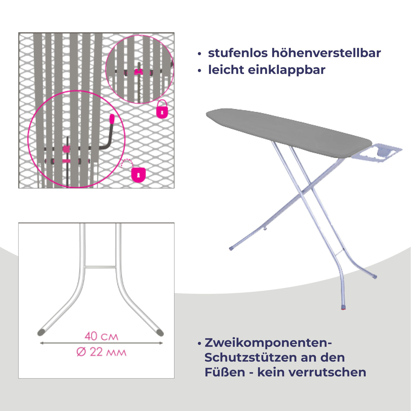 STAHLMANN ® Bügelbrett [114x34 Bügelfäche ] mit rutschfesten Füßen – robuster Bügeltisch – extra stabiles Bügelbrett [Made IN EU] – Tischbügelbrett