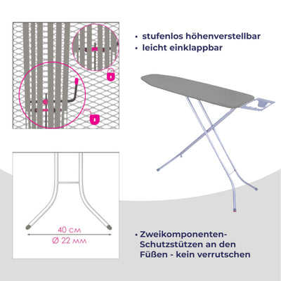 STAHLMANN ® Bügelbrett [114x34 Bügelfäche ] mit rutschfesten Füßen – robuster Bügeltisch – extra stabiles Bügelbrett [Made IN EU] – Tischbügelbrett