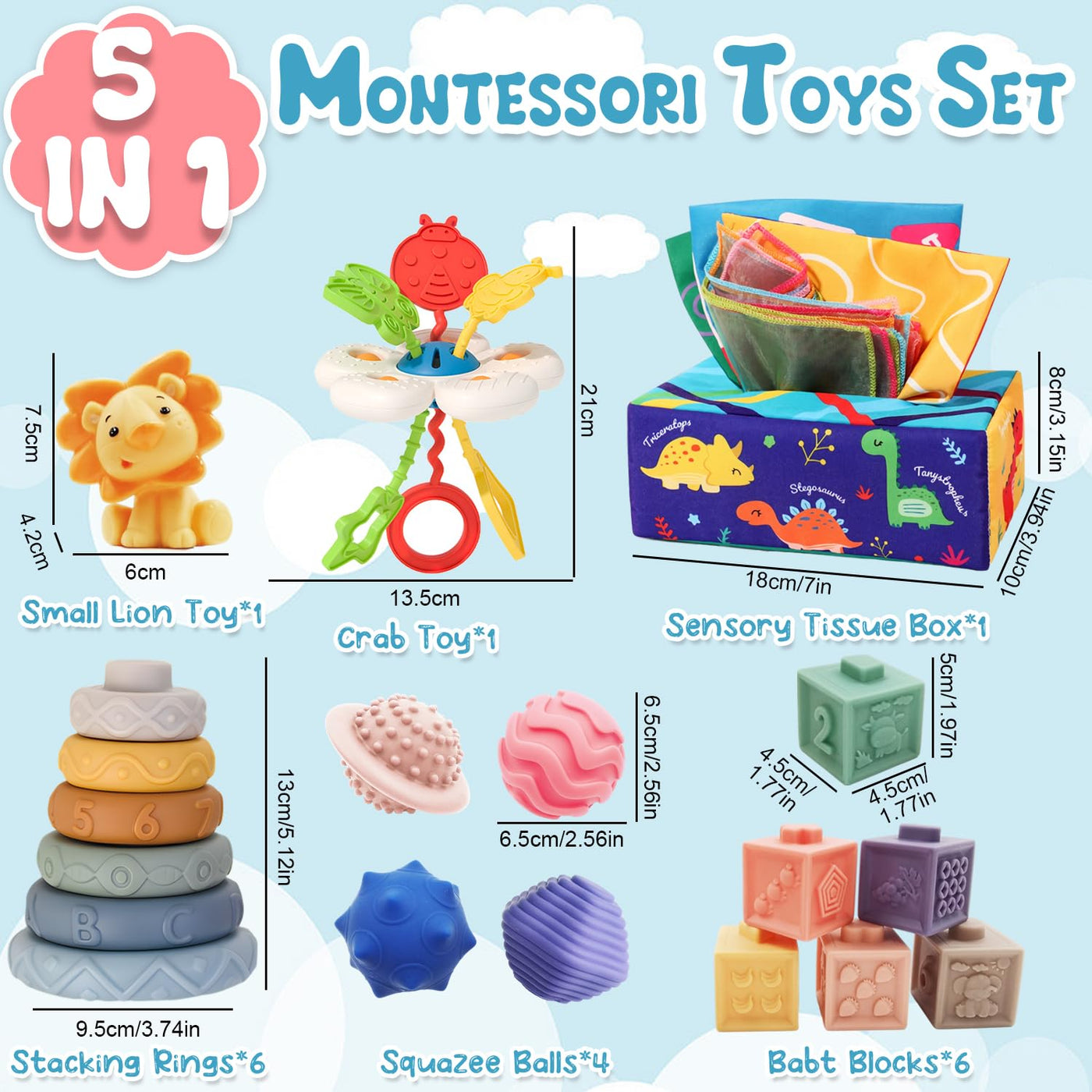 5 in 1 Baby Spielzeug ab 6 9 12 Monate, Montessori Spielzeug Baby, Motorikspielzeug, Stapelspielzeug Blöcken, Tissue Box, Quetsch Bälle Babyspielzeug ab 6 Monate,Geschenk Junge Mädchen 1 Jahr