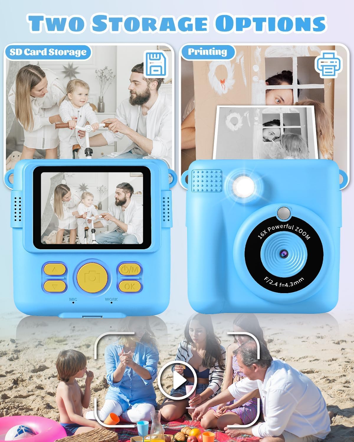 Kinderkamera Spielzeug, 2.4 Zoll Bildschirm DIY Sofortbildkamera Kinder, 1080P HD-Video Digitalkamera für Kinder, mit 32GB SD Karte & Druckpapier, Geschenk für Mädchen & Jungen ab 3-14 Jahren (Blau)