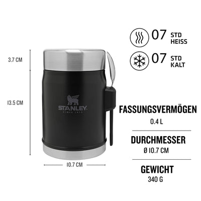 Stanley Classic Legendary Thermobehälter für Essen mit Göffel 400 ml - Hält 7 Stunden Heiß oder Kalt - Edelstahl Warmhaltebehälter Essen - BPA-Frei - Spülmaschinenfest - Matte Black
