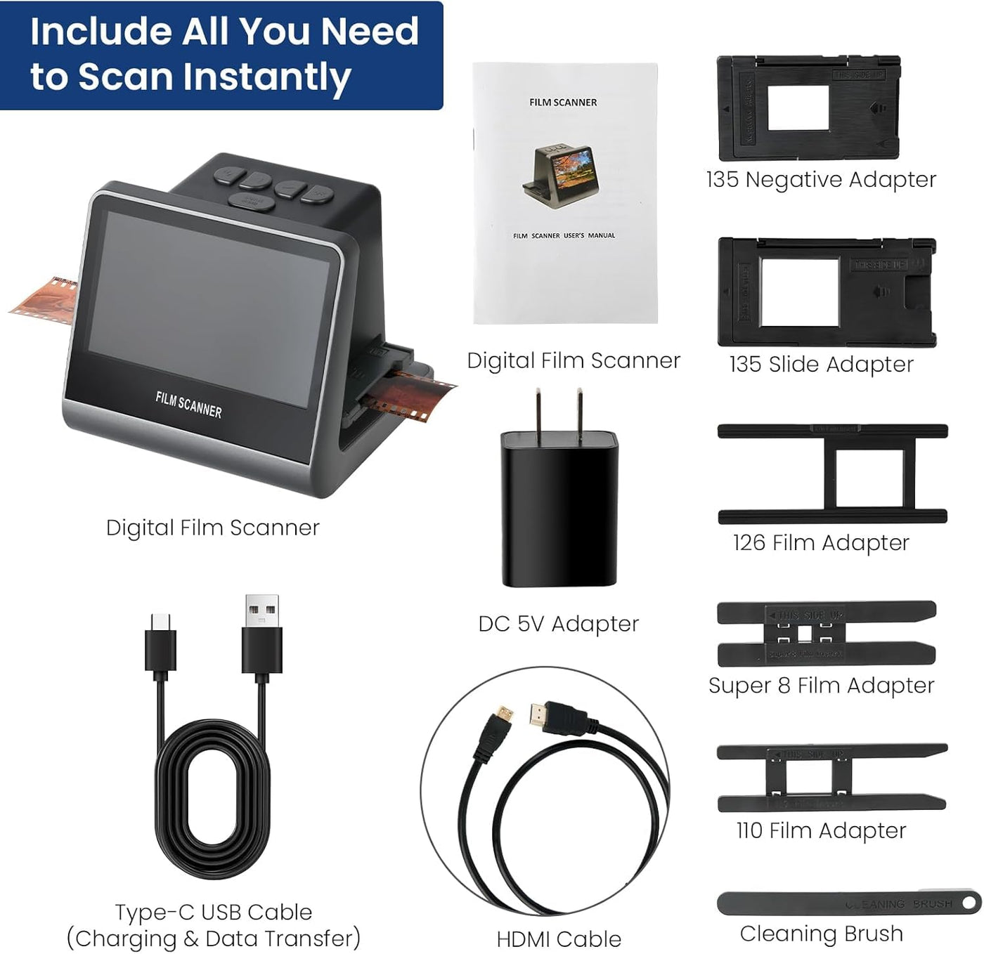22MP Diascanner - Fotoscanner mit 5 "LCD Display, Negativscanner und Dia Scanner zum Digitalisieren Konvertiert 35mm, 135, 126 KPK, 110 Negative und Super 8-Film in Hochauflösende JPEG-Digitalfotos