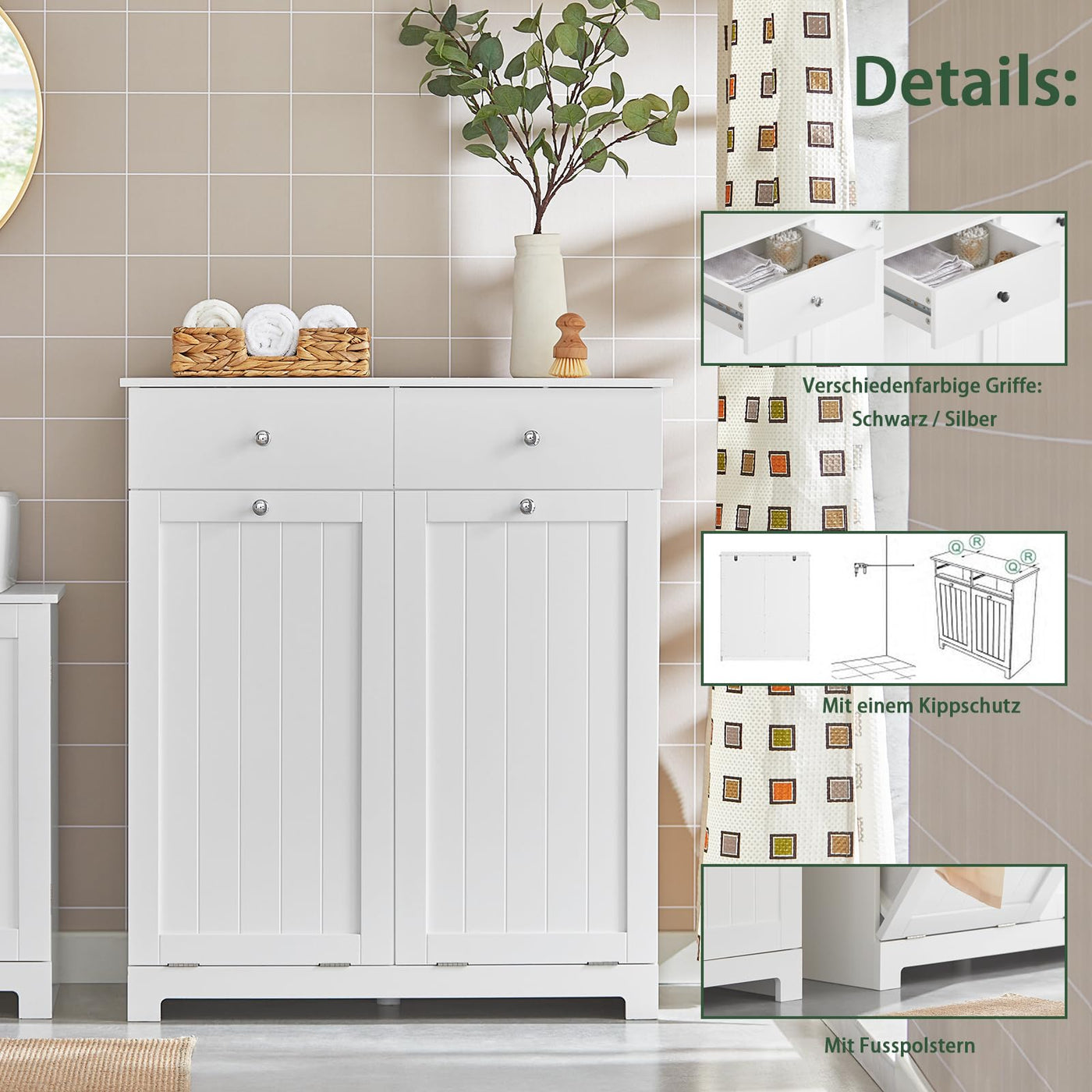 SoBuy BZR33-W Wäscheschrank mit 2 ausklappbaren Wäschesäcken Wäschetruhe Wäschesammler mit 2 Schubladen Wäschekorb Badschrank Badmöbel weiß BHT ca: 78x90x38cm