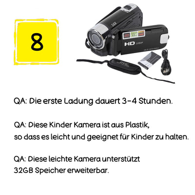 Kids Videokamera-Camcorder, 16x 1080P 30fps Vlogging Kamerarecorder mit Drehbarem 2,7-Zoll-TFT-Bildschirm, Class10 U3-Chip, Fülllicht, Eingebautem Lautsprecher, Support 32GB Expandable(Schwarz)