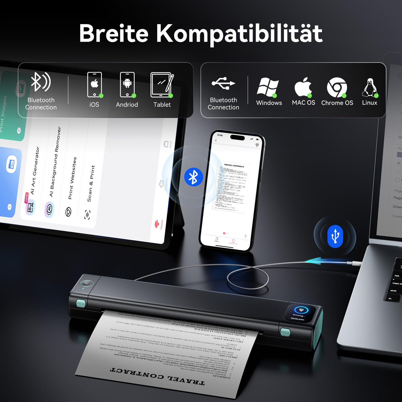 Phomemo M08D Touchscreen Mobiler Drucker, Bluetooth Thermodrucker A4, Rechnungen, Reisedrucker, Mini Tragbarer Drucker Kompatibel mit Phone, Monochromer Nur Thermopapie(M08F Upgrade)