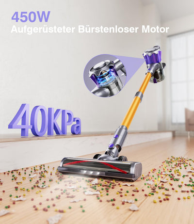 Akku Staubsauger, 40000Pa/450W Staubsauger Kabellos mit Smart Display Bis zu 50 Minuten Laufzeit Cordless Vacuum Cleaner mit Automatikmodus&Anti-Verhedderung-Bürste für Teppich Hartboden und Tierhaare
