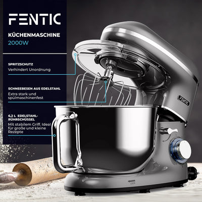 Fentic Küchenmaschine - 2000W - Edelstahl Rührschüssel (6,2 L) - Knetmaschine mit Rührhaken, Knethaken, Schlagbesen und Spritzschutz - Inkl. Schutzhülle und zusätzlichem Zubehör - Anthrazit