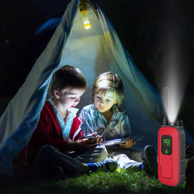 Radioddity PR-T3 Walkie Talkie für Kinder 16 Kanäle PMR446 Funkgerät für 3-12 Jahre Kinder VOX mit Taschenlampe 4KM Reichweite für Abenteuer, Outdoor, Camping, 2 Stücke(Rot & Blau)