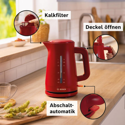 Bosch kabelloser Wasserkocher MyMoment TWK3M124, Abschaltautomatik, Überhitzungsschutz, Tassenanzeige, beidseitige Wasserstandsanzeige, entnehmbarer Kalkfilter, 1,7 L, 2400 W, Rot matt