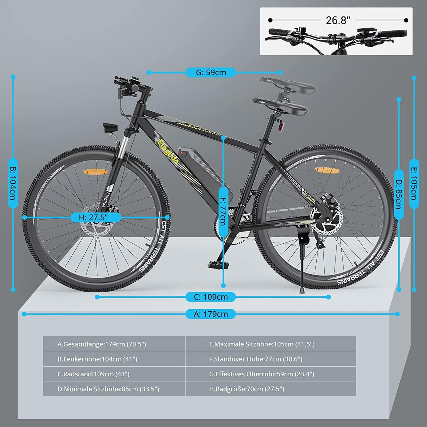 Eleglide E-Bike Damen Herren E-Mountainbike, MTB-1 Plus 27,5 Zoll Elektrofahrrad mit 36V 12.5Ah Abnehmbarer Akku, EU-konform E Fahrrad 21 Gänge 250W Hinterradmotor, LED Licht