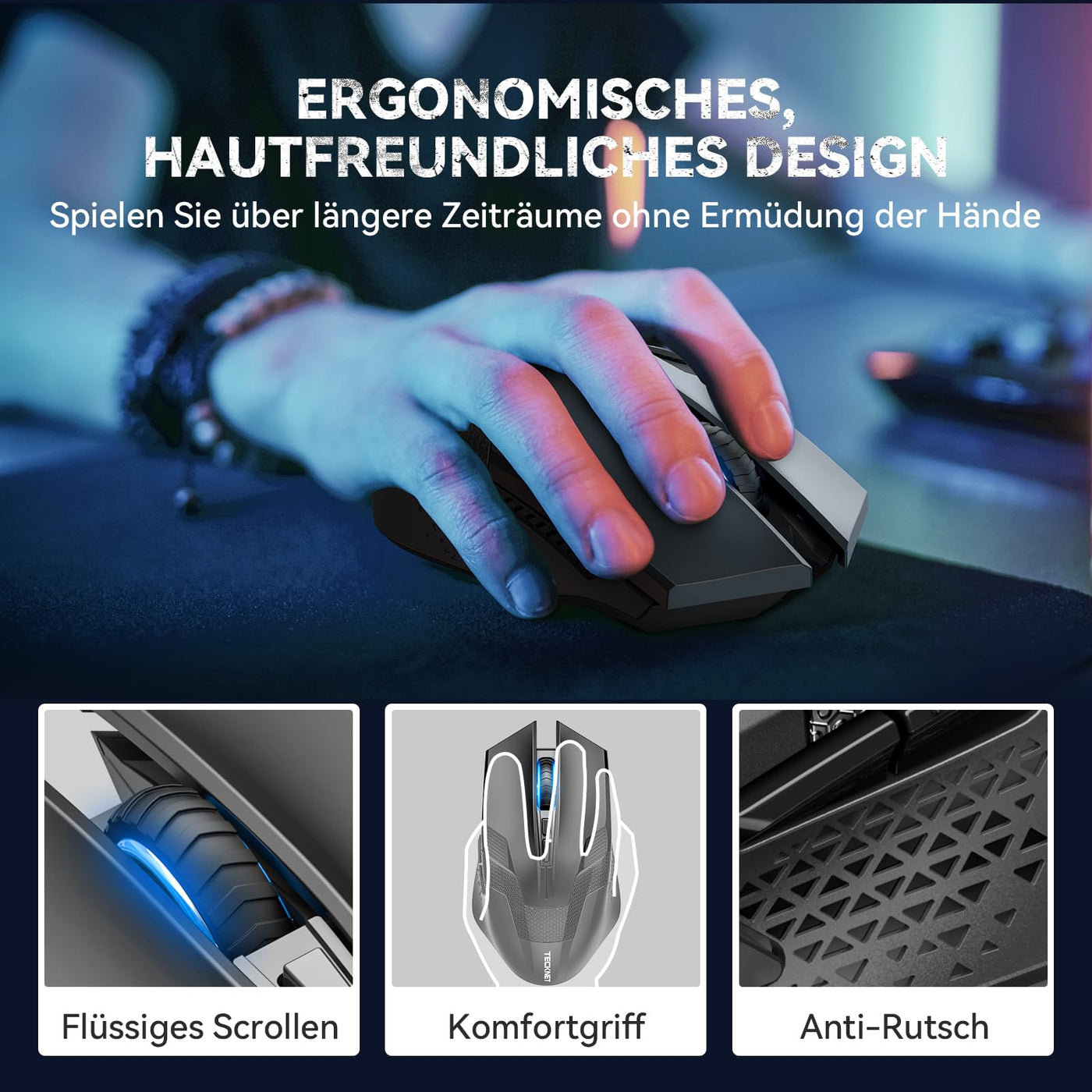 TECKNET Kabellose Gaming Maus, 2,4 GHz Wireless Gamer Maus 8 Tasten, 4800 DPI, 20 Millionen Klicks, Wireless Mouse, Ergonomische Optische Maus für PC/Mac/Laptop