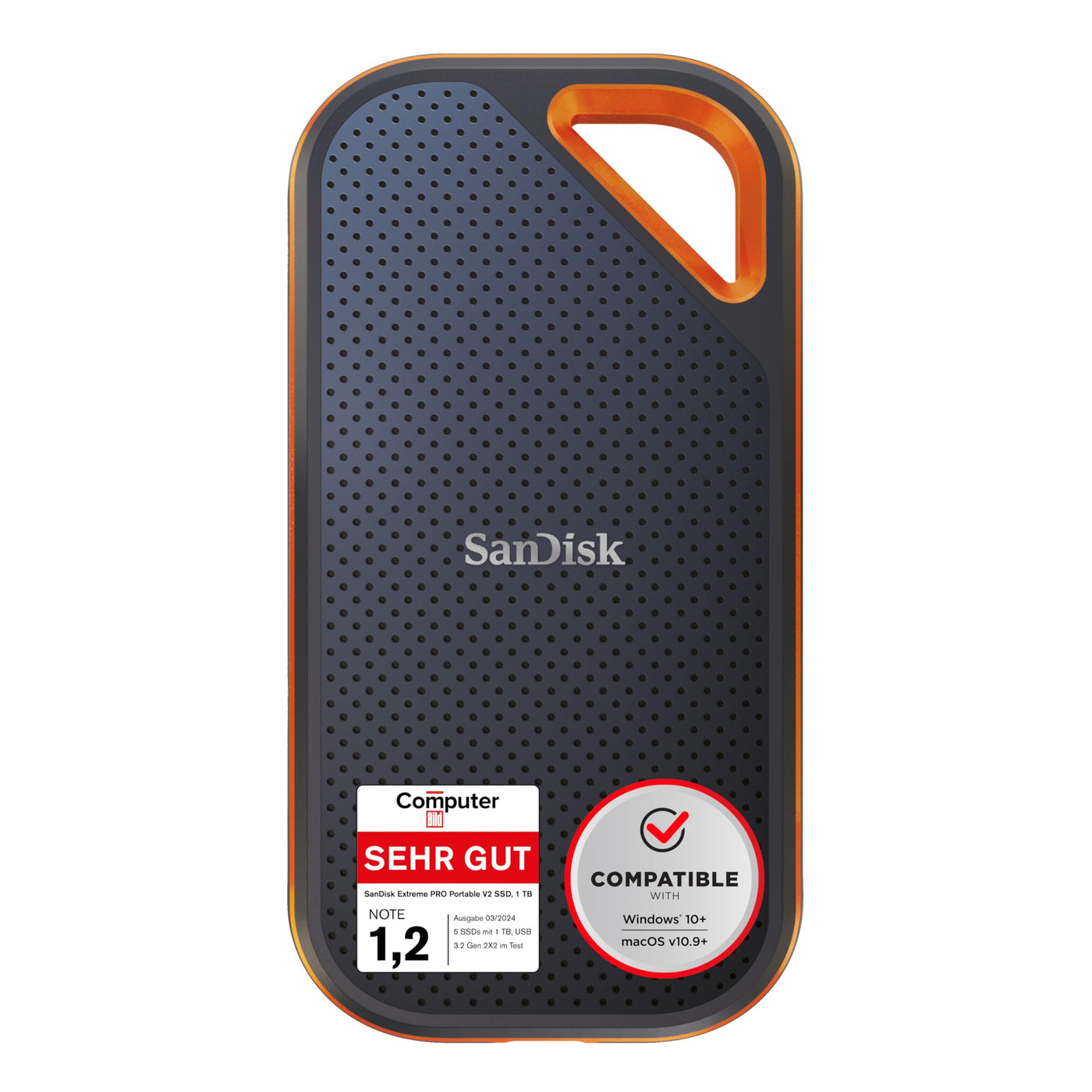 SanDisk Extreme PRO Portable SSD 1 TB (externe SSD, NVMe-SSD-Performance, 2,5 Zoll, 2.000 MB/s Lesen und Schreiben, AES-Verschlüsselung, IP65-Wasser- und -Staubschutz) grau