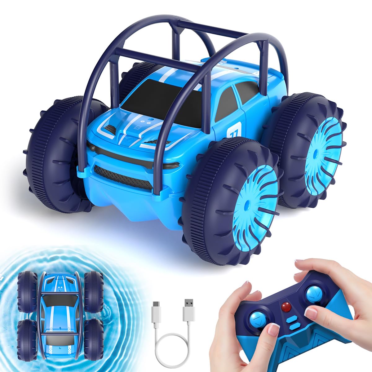 ifollower Direktladung Ferngesteuertes Auto, 15km/h 4WD Amphibienfahrzeug Stunt Auto, 2.4GHZ 360° Drehung Buntem LED-Licht Monstertruck Offroad Spielzeug, Geschenke für Kinder ab 3 Jahre