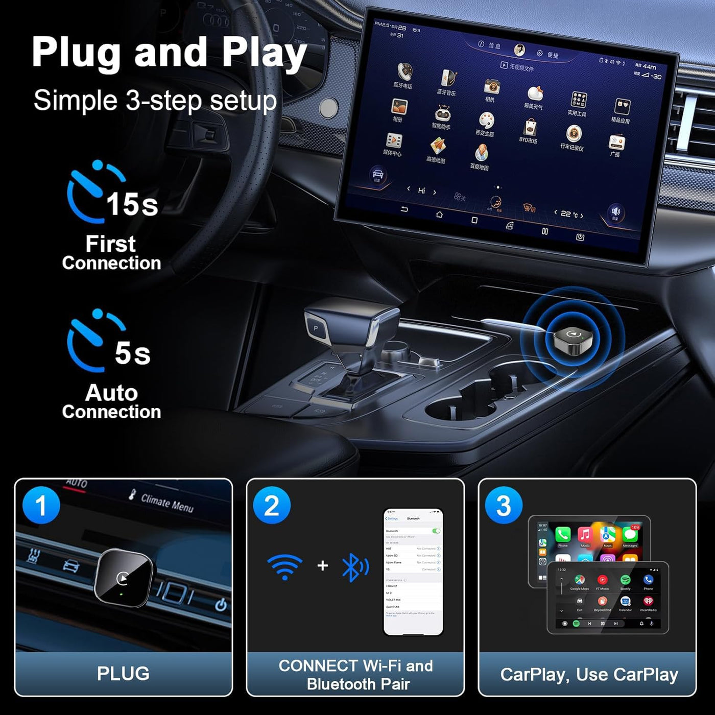 2025 Upgraded 2-in-1 Wireless CarPlay Adapter: unterstützt CarPlay+Android Auto, Bluetooth 5.0 drahtlose Verbindung, Plug &Play,kompatibel mit iOS 12+/Android11+ & Autos ab 2016 (Schwarz)