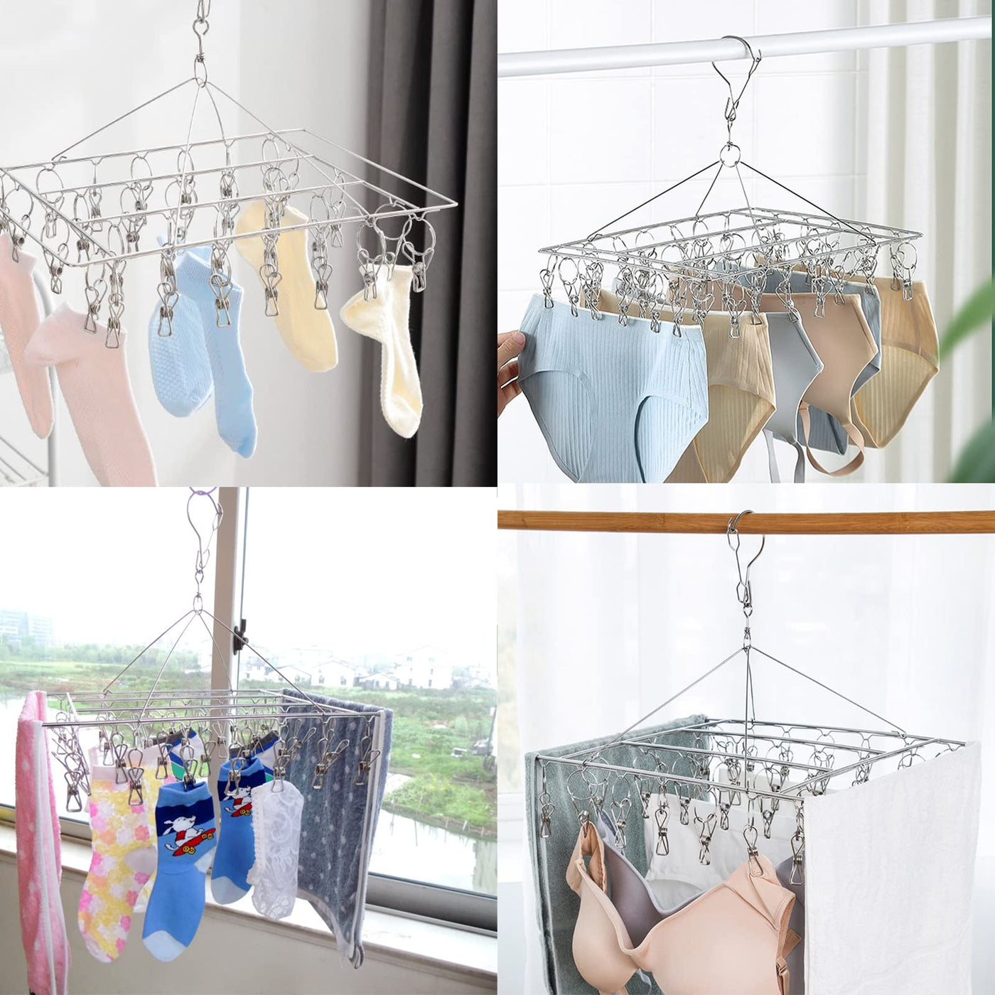 Wnqou Faltbarer Sockentrockner mit 40 Wäscheklammern, Metallsockenbügel mit Clips, Unterwäsche-Aufhänger für Wäscheleinen-Zubehör, Edelstahl-Wäscheständer, Wäscheständer mit Wäscheklammern