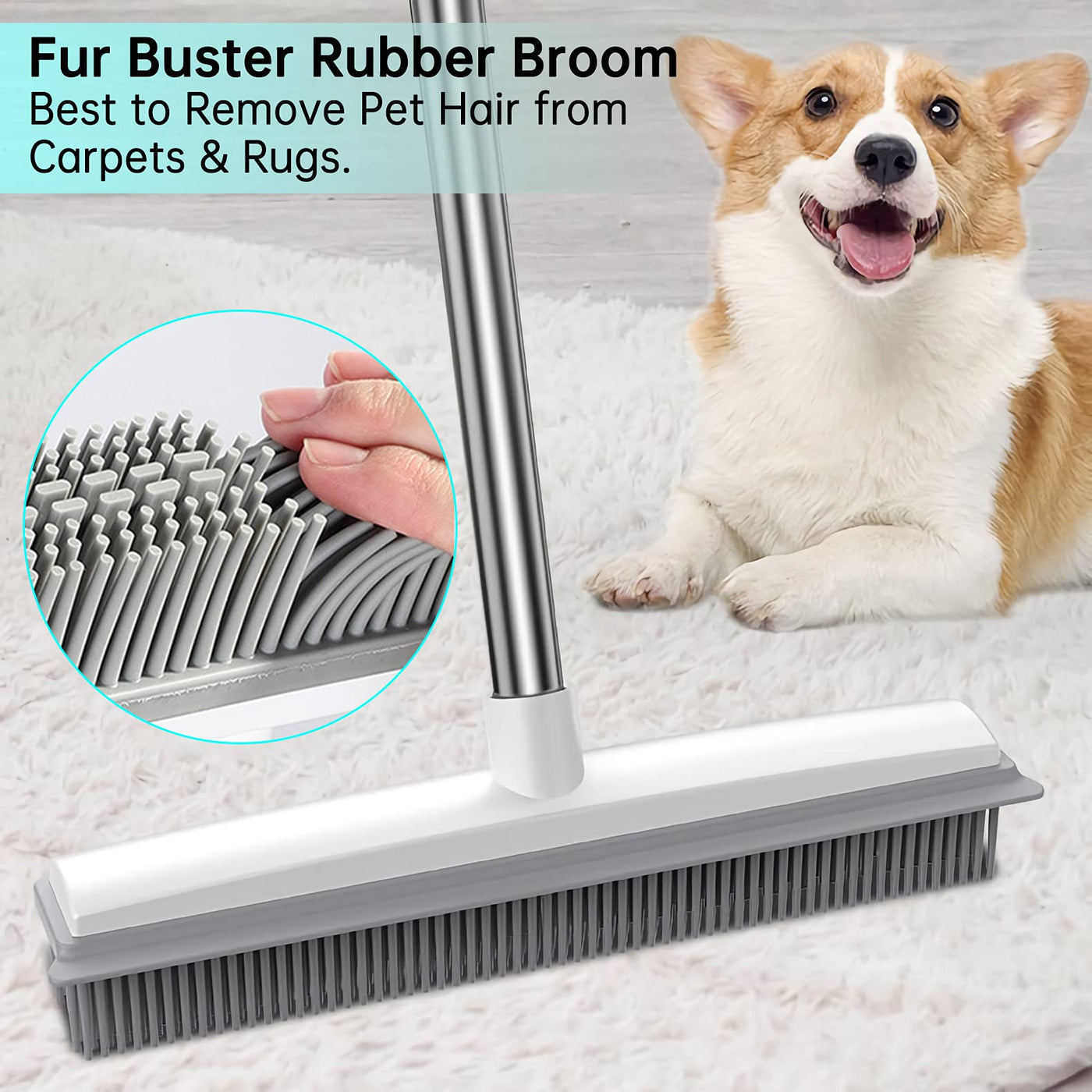 2 in 1 Gummibesen mit Stiel, 156cm Langen Stiel Besen zum Entfernen von Tiere Katzen Hunde Haare Teppichbürste Bodenbürste Kehrbesen für Innen- und Außenbereich Schrubber mit Wasserabziehkante