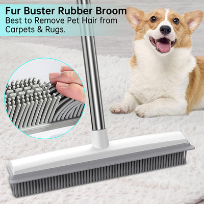 2 in 1 Gummibesen mit Stiel, 156cm Langen Stiel Besen zum Entfernen von Tiere Katzen Hunde Haare Teppichbürste Bodenbürste Kehrbesen für Innen- und Außenbereich Schrubber mit Wasserabziehkante