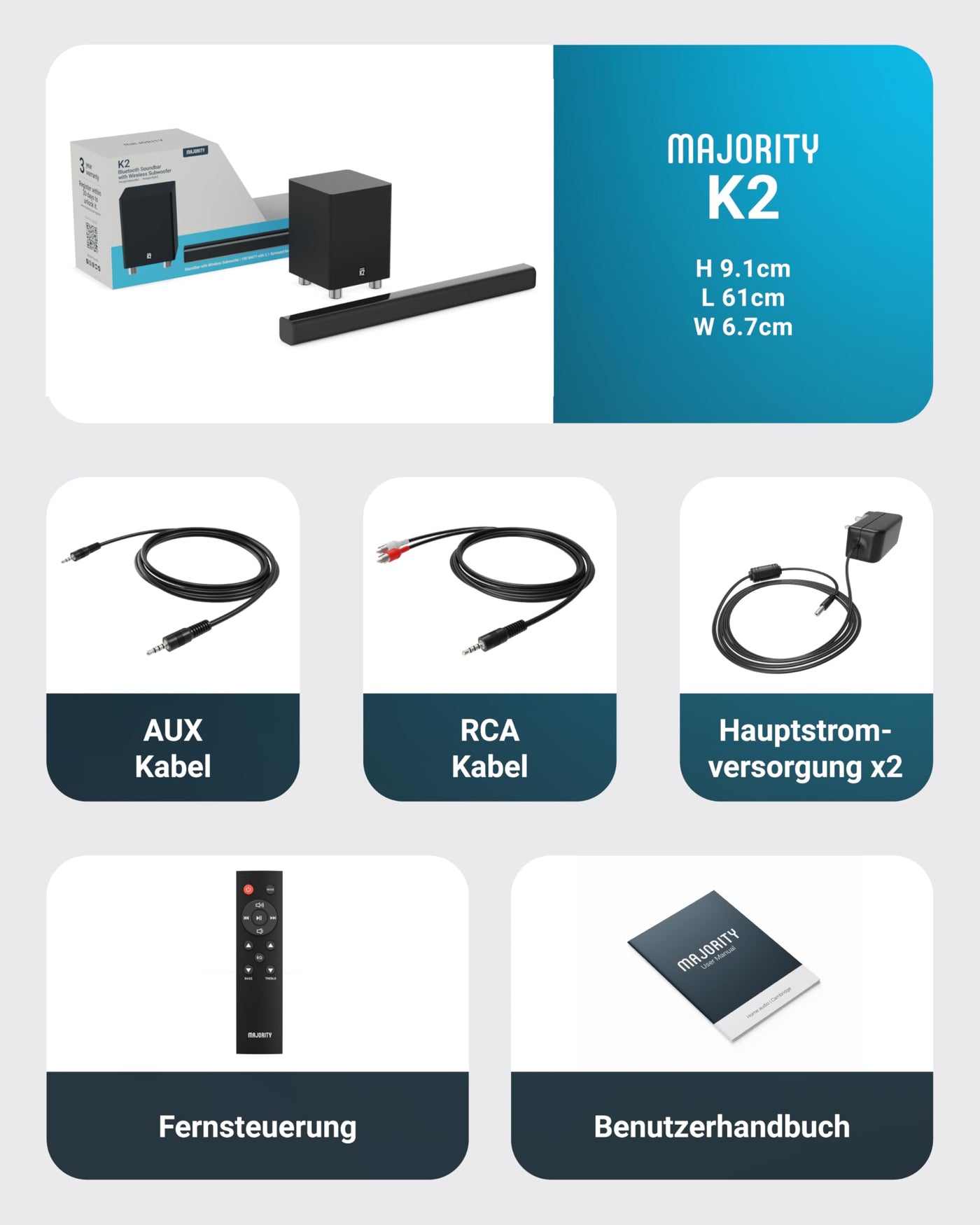 Majority K2 Soundbar, leistungsstark, kabellos, 150 W, mit Surround-Sound, Subwoofer, Bluetooth, HDMI Arc (CEC), große Fernbedienung, AUX, USB, UKW-Radio, optischer Eingang, Cinch-Kabel (schwarz)