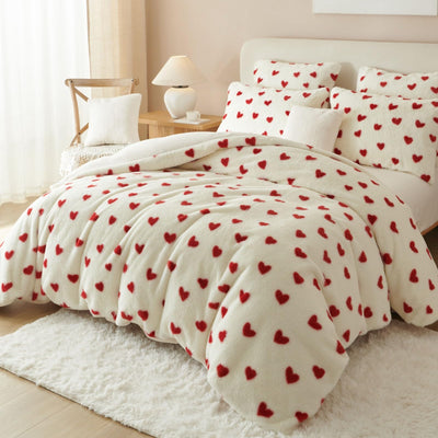 Tospass Plüsch Bettwäsche Set 200x200cm Rot Weiß Herz Liebe Kunstfell Warme Winterbettwäsche Flanell Samt Biber Flauschig Deckenbezug Fleece Bettbezug mit Reißverschluss und 1 Kissenbezug 80x80cm