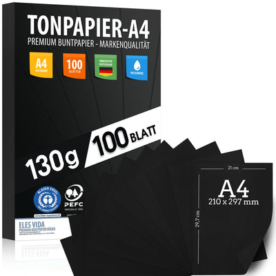 100 Stück Schwarz TONZEICHENpapier A4 – 130g stark – Schwarze Blätter – Bastel Bogen - Vollschwarz – Stabiles Zeichenpapier, Pappe zum Basteln, Zeichenkarton - DIY - Kreativ Zubehör für Fotoalben