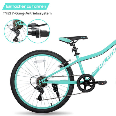 HILAND Climber 24 Zoll Kinderfahrrad, 7 Gang V-Bremse Kinder Mountainbike, Jugend MTB mit Federgabel, Mountainbike für Jungen Mädchen Mintgrün