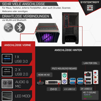 SYSTEMTREFF Basic Gaming PC AMD Ryzen 5 5600G 6x4.4GHz | AMD RX Vega 7 4K HDMI DX12 | 1TB M.2 NVMe + 2TB HDD | 32GB DDR4 RAM | WLAN Desktop Computer Rechner für Gamer, Zocker
