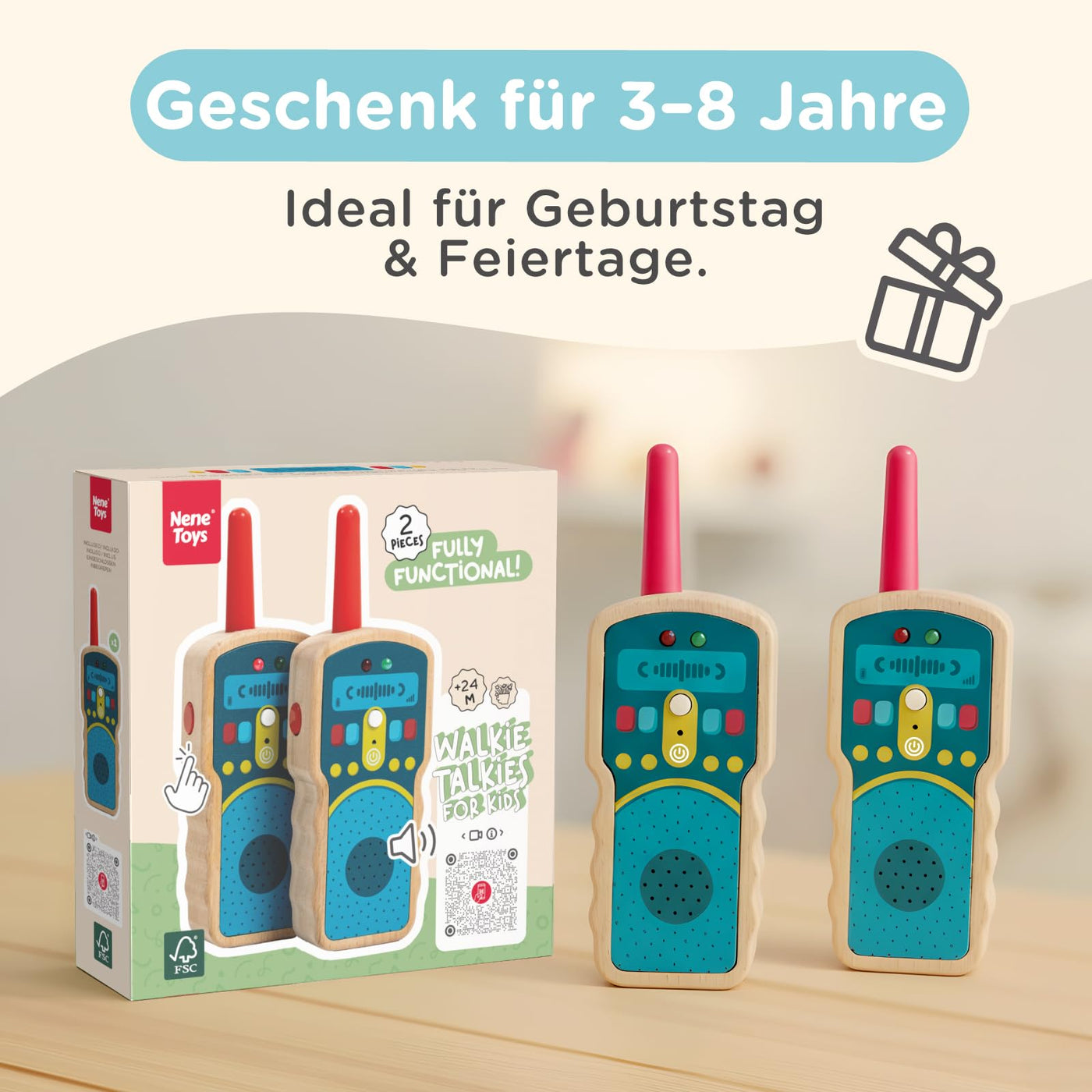 Nene Toys Holz Walkie Talkies für Kinder – echte 2-Wege-Funkgeräte, 500 m Reichweite – Ein-Kanal, Push-to-Talk – FSC® Buchenholz – Spielspaß drinnen & draußen – Geschenk für Jungen & Mädchen 2–8 Jahre