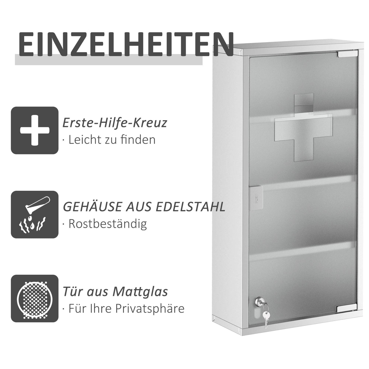 HOMCOM Medizinschrank mit Schloss, Edelstahl Arzneischrank für Erste Hilfe, 30 x 12 x 60 cm, abschließbar