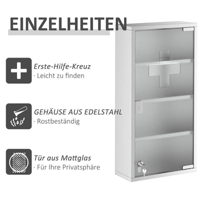HOMCOM Medizinschrank mit Schloss, Edelstahl Arzneischrank für Erste Hilfe, 30 x 12 x 60 cm, abschließbar