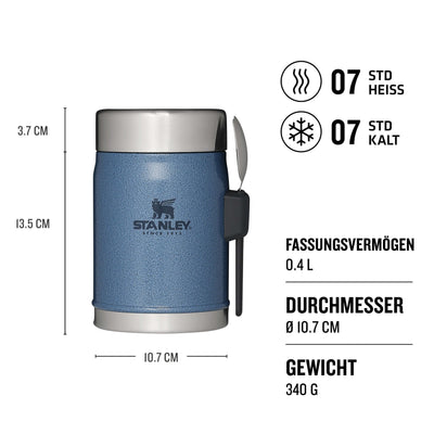 Stanley Classic Legendary Thermobehälter für Essen mit Göffel 400 ml - Hält 7 Stunden Heiß oder Kalt - Edelstahl Warmhaltebehälter Essen - BPA-Frei - Spülmaschinenfest - Hammertone Lake