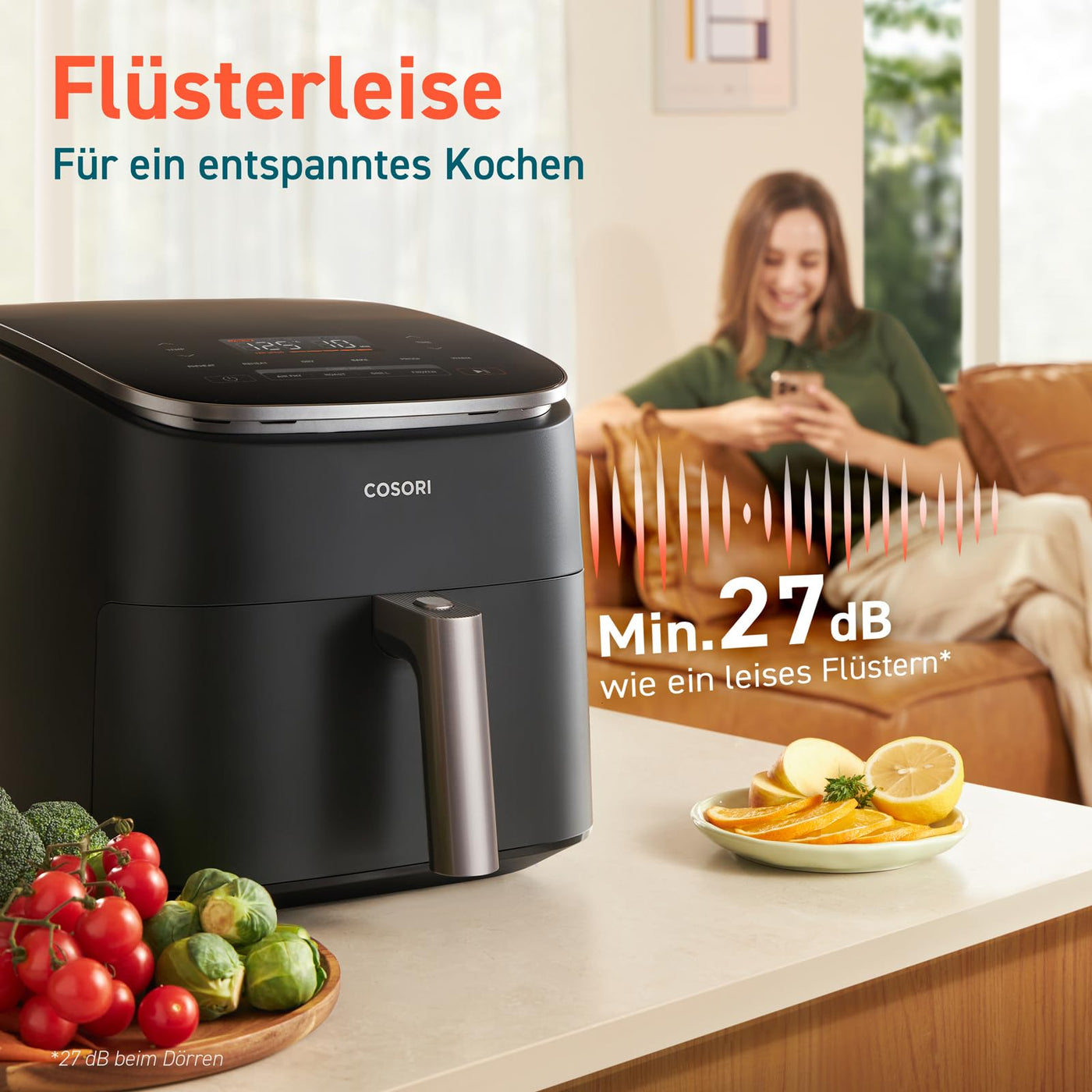 Cosori Turboblaze Heißluftfritteuse Airfryer, 9-in-1 Air Fryer XXL 6L, leiser DC Motor mit 5 Geschwindigkeitsstufen, Grillen, Backen, Gären, Dehydrieren, 87 Rezepte, 64% energiesparend, Weiß