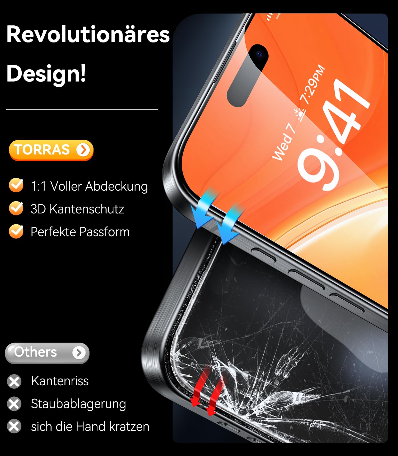 TORRAS für iPhone 16 Plus für Panzerglas [Full Screen] TOP Bruchsicherheit Folie für iPhone 16 Plus Schutzfolie 9H+ Schutzglas [Auto-Installation] Anti-Fingerabdruck, 2 Stück