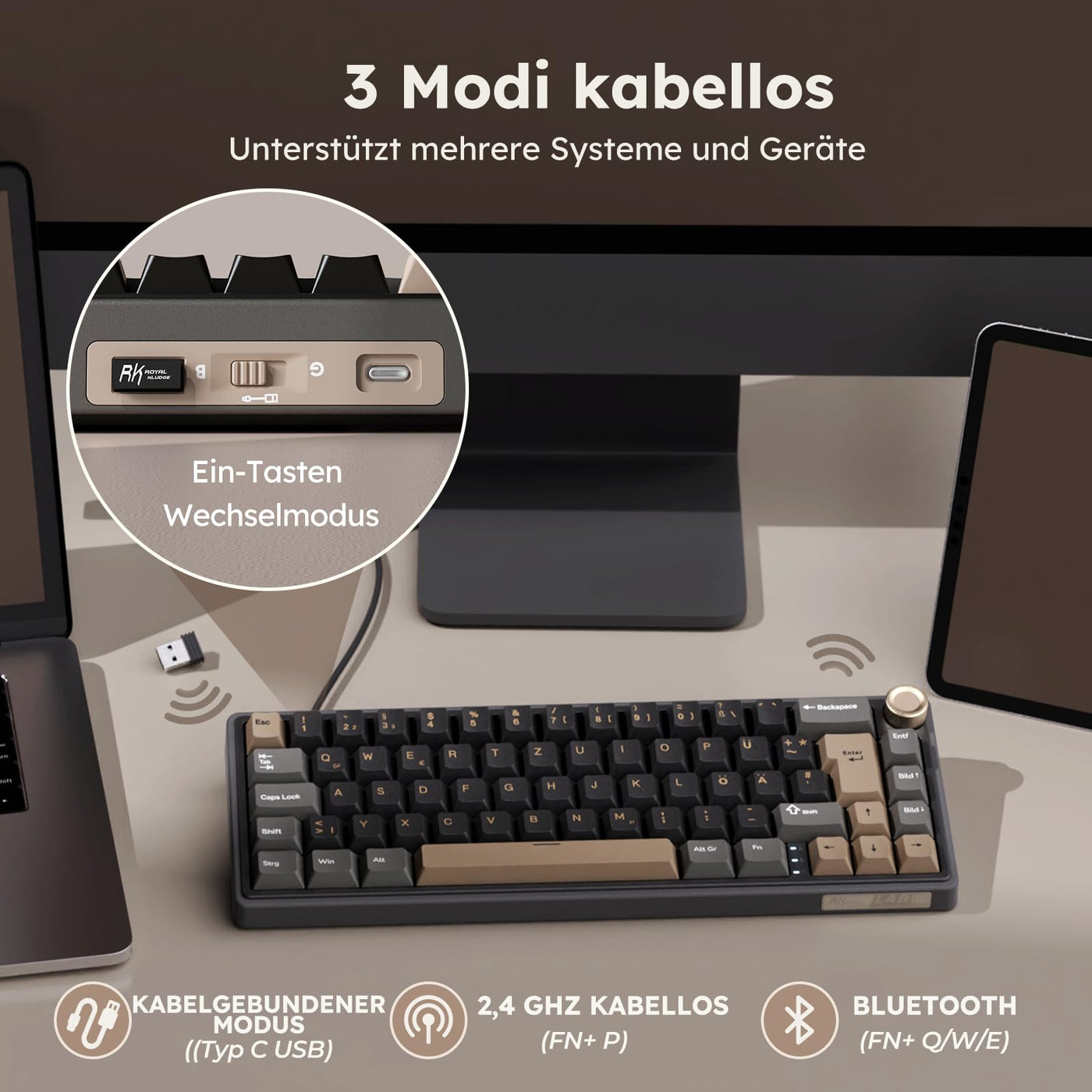 RK ROYAL KLUDGE R65 Mechanische Tastatur Kabellos, 60% Prozent Gaming Tastatur QWERTZ Gasket RGB mit Knopf und PBT Tastenkappen, Bluetooth/2.4G/USB-C QMK/VIA, Hot Swap Linearer Creamy Switches
