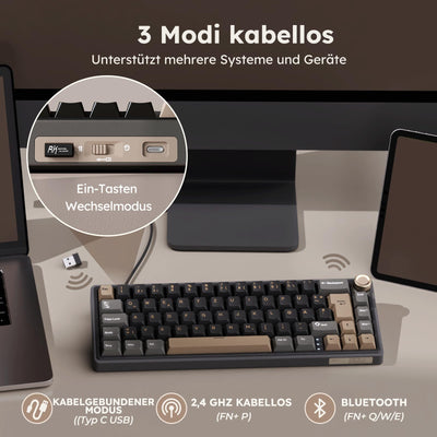 RK ROYAL KLUDGE R65 Mechanische Tastatur Kabellos, 60% Prozent Gaming Tastatur QWERTZ Gasket RGB mit Knopf und PBT Tastenkappen, Bluetooth/2.4G/USB-C QMK/VIA, Hot Swap Linearer Creamy Switches
