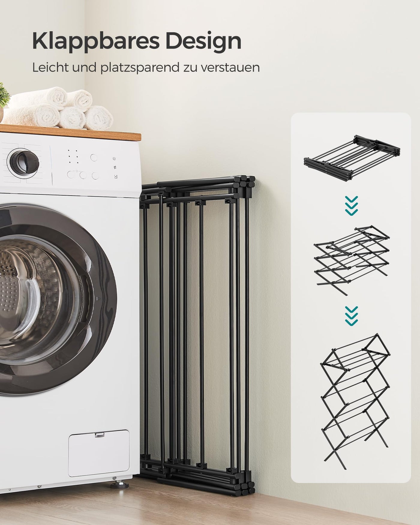SONGMICS Wäscheständer, Standtrockner klappbar, kompakt, platzsparend, Stahlrahmen, 37 x 75 x 135,1 cm, einfacher Aufbau, für Innen- und Außenbereich, schwarz LLR770B01