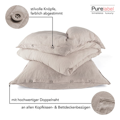 Pure Label Halbleinen Bettwäsche 155x220 cm mit Kissenbezug 80x80 cm in Taupe - Bügelfreie Bettwäsche Sets 155 x 220 aus belgischem Leinen und feinster Baumwolle