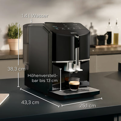 Siemens Kaffeevollautomat EQ300 TF301E19, für viele Kaffeespezialitäten, Milchaufschäumer, Keramikmahlwerk, OneTouch-Funktion, 1300 W, piano black