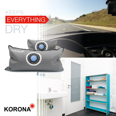 Korona 82110 Luftentfeuchter-Set | 2 praktische Kissen (1 kg & 0,5 kg) | gegen beschlagene Autoscheiben oder Feuchtigkeit im Innenraum | wiederverwendbar | Sättigungsanzeige mit Farbindikator