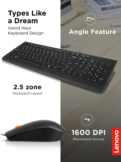 Lenovo 300 USB Combo, Full-Size Wired Tastatur & Maus, Ergonomische, Links- oder Rechtshänder, Optische Maus, GX30M39606, Schwarz