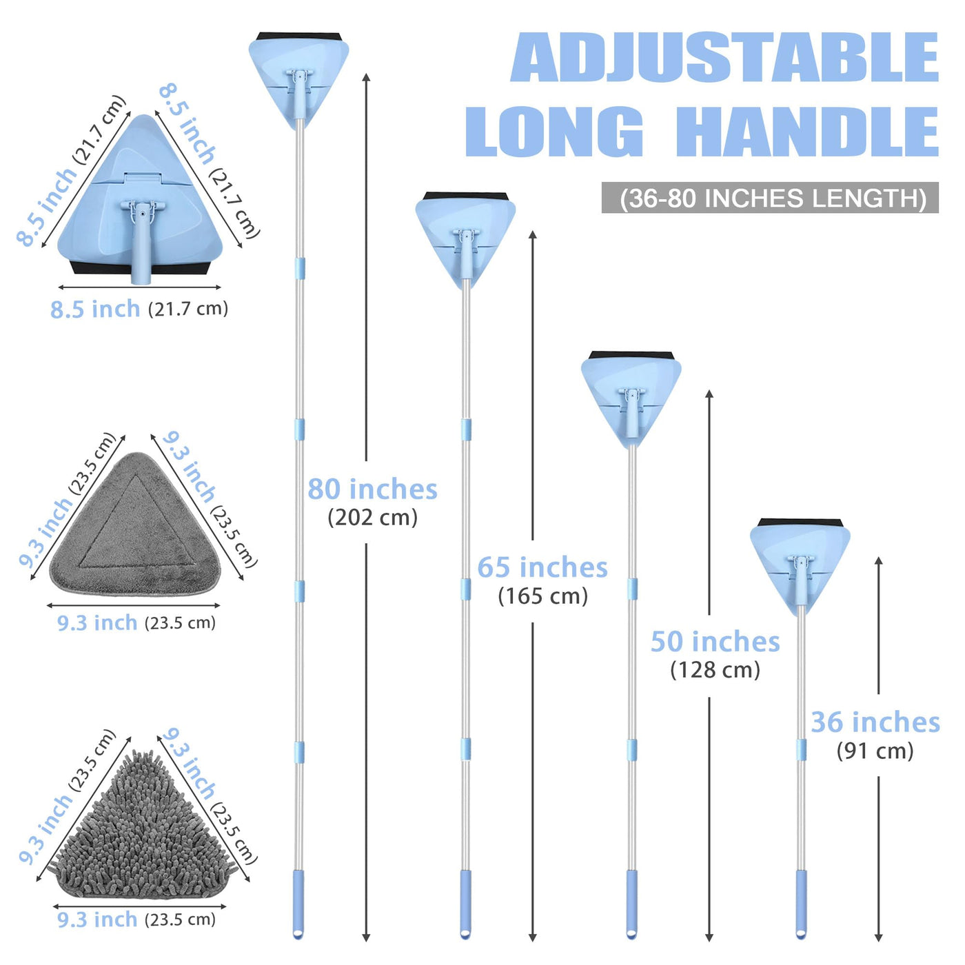 NEWE Rückenschonender Wand Mop mit 202 cm Langem Griff, 180° Klappbares Bodenwischer Wischmopp mit Rakel, Dreiecksmopp mit 4 Chenillepads und 2 Mikrofaserpads zum Waschen für Gemalte Wände, Decke