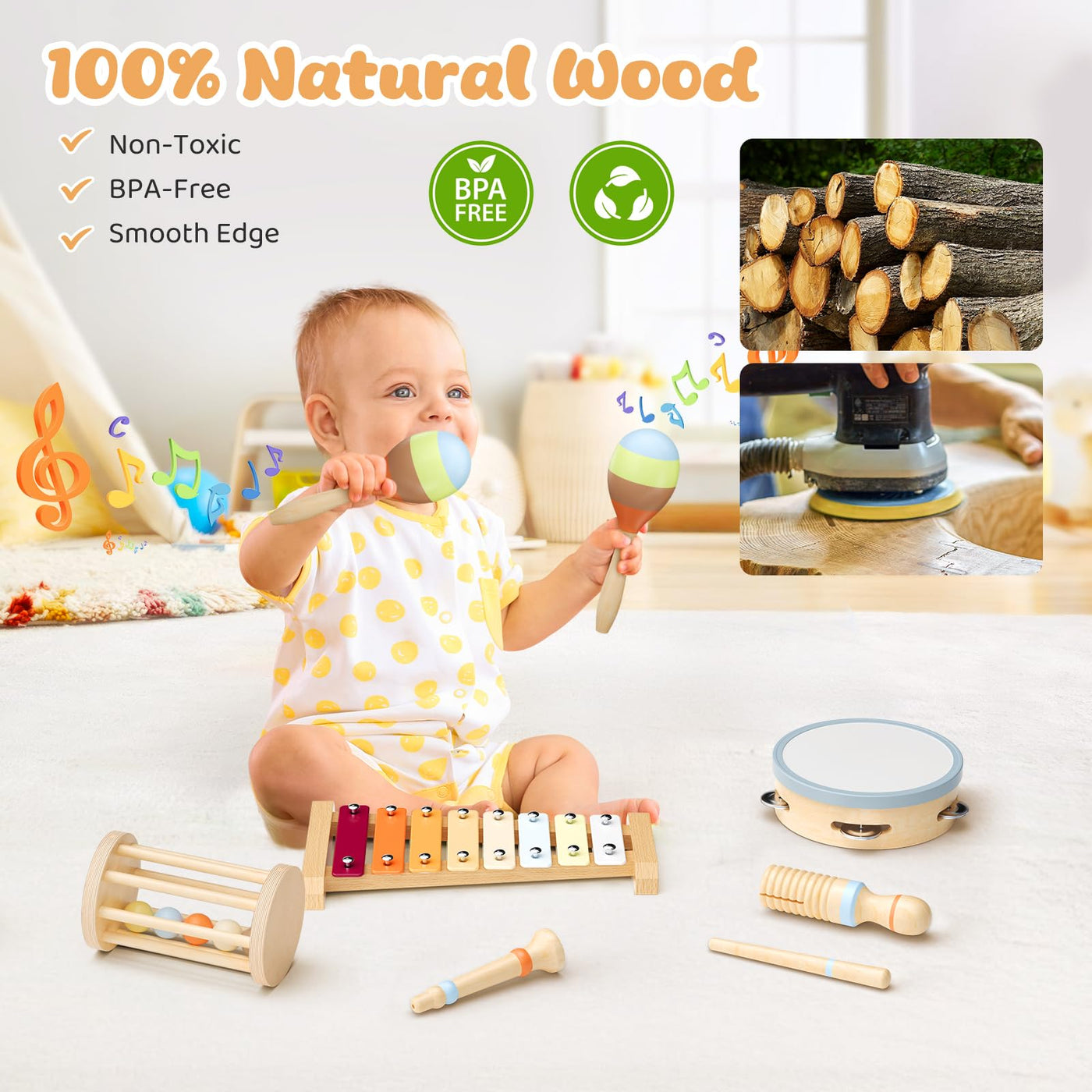 Musikinstrumente für Kinder, Montessori Musikinstrumente Set, Musik Holzspielzeug für Jungen und Mädchen, Spielzeug Geschenke Trommel Xylophon für Kleinkinder ab 1-3 Jahren